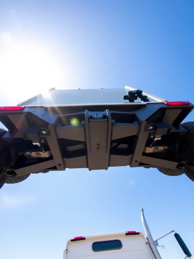 A high-angle shot of a power-only truck, clearly showing the connection point where it attaches to various trailer types, set against a bright, clear sky to emphasize versatility.