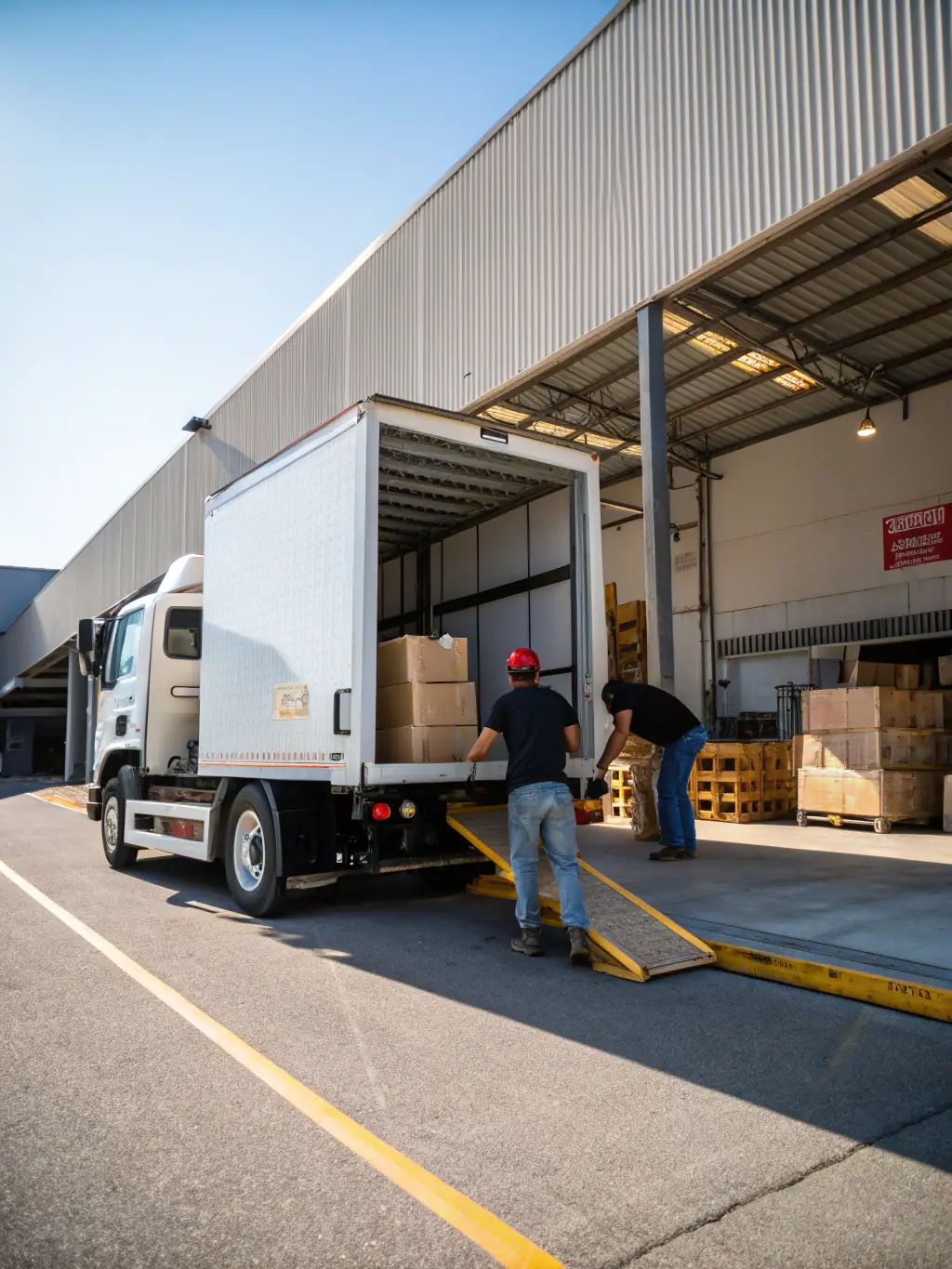A well-maintained dry van trailer being loaded with palletized goods at a distribution center, showcasing the organized and efficient loading process.