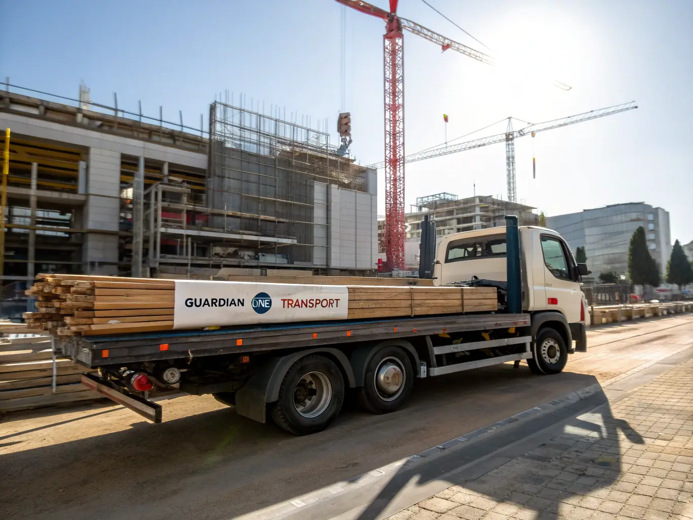 A flatbed truck carrying construction materials, with secure straps and the Four Season Dispatch logo visible, highlighting specialized hauling capabilities.