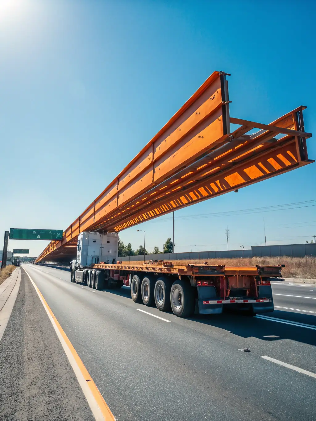 A flatbed truck securely transporting large steel beams, with chains and straps visible, highlighting the securement process and the scale of the load.