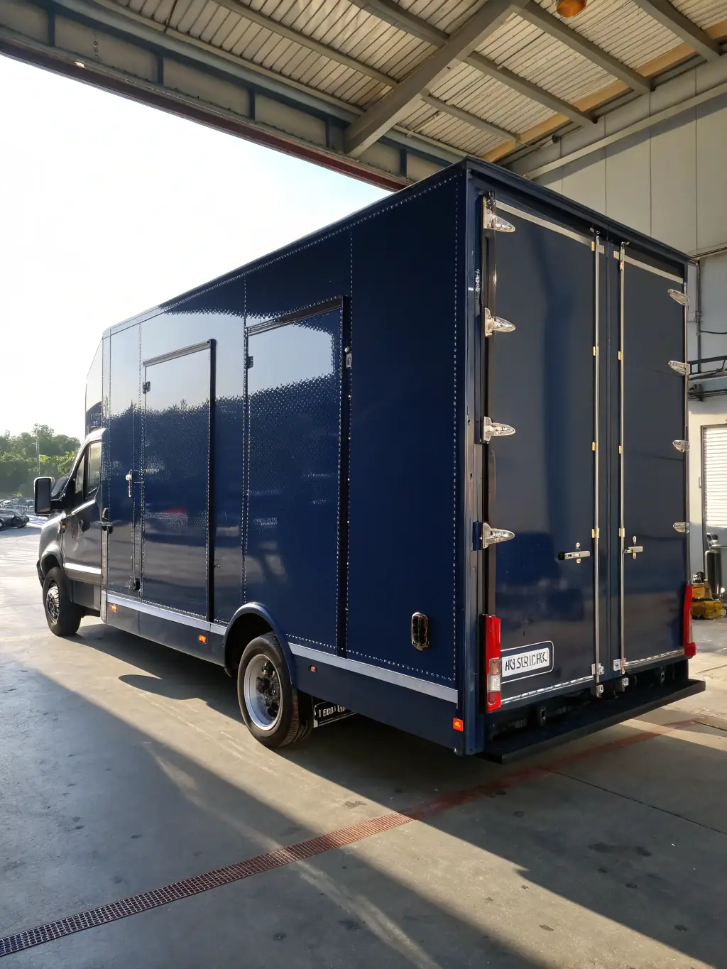 A modern reefer trailer with visible temperature control gauges, parked at a loading dock with workers checking the internal temperature.