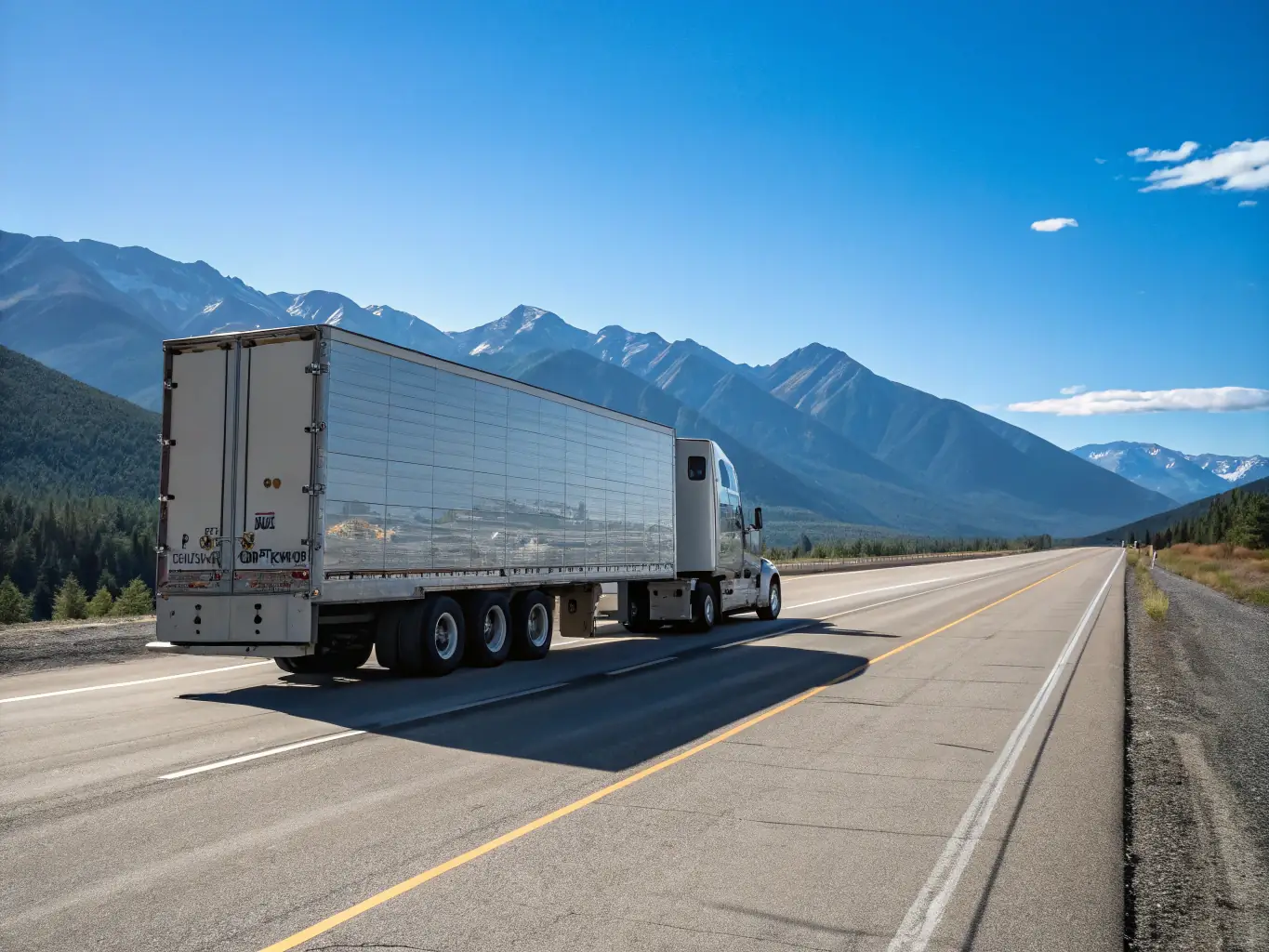 A modern semi-truck hauling a dry van trailer on a sunny highway, showcasing the standard transportation service offered by Four Season Dispatch.